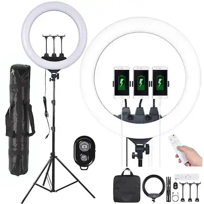 حلقة ضوء LED بقياس 19 بوصة موديل HQ19NS مع تحكم سطوع ودرجة حرارة اللون وحامل ثلاثي + ريموت
