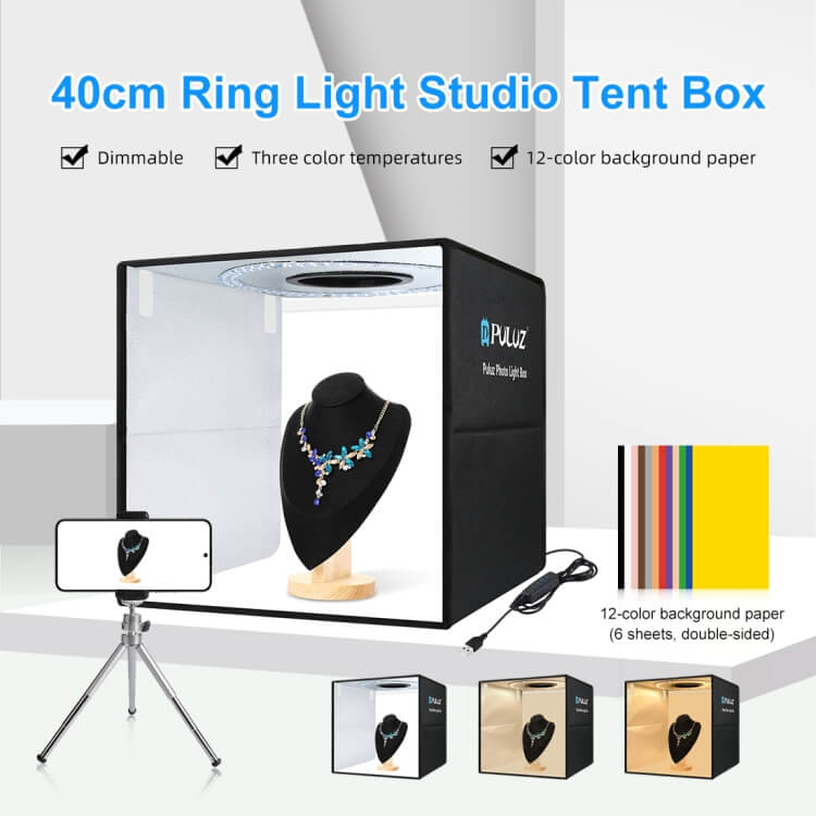 Puluz 40cm Foldable Led Ring Light Studio Box 12 Color Backgrounds
