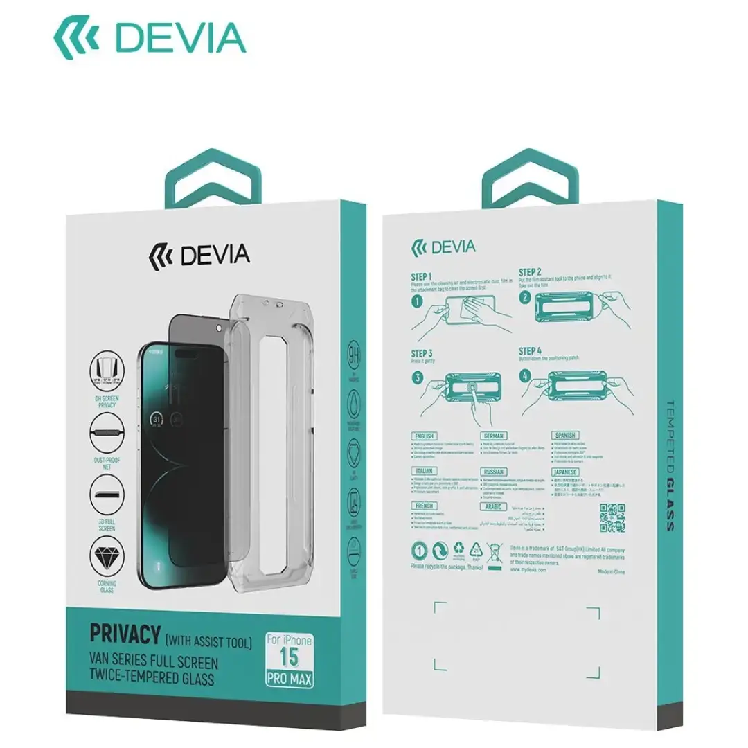 واقي شاشة كامل Devia Glass Privacy Van لهاتف iPhone 15 Pro Max